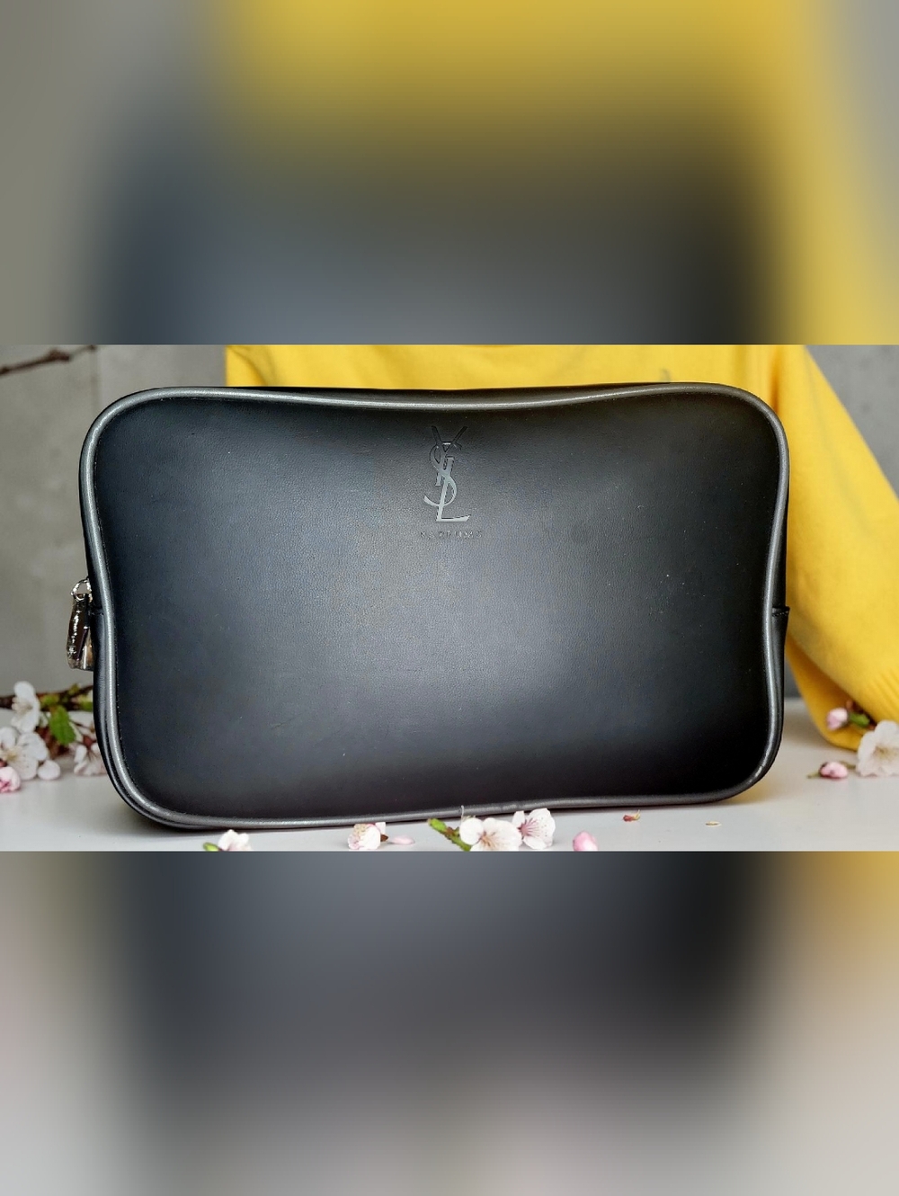 Yves Saint Laurent Black Logo Cosmetic Pouch, Enamel Flower Bracelet & Necklace - Picture 3 of 13